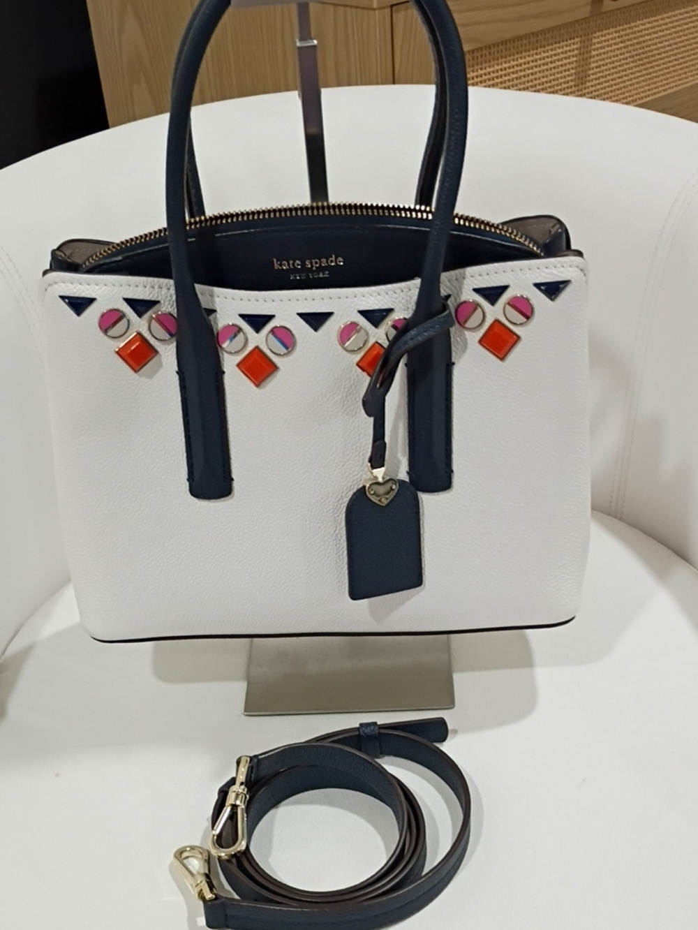 kate spade White Leather Satchel with Navy Handles Crossbody Pink & Orange Studs